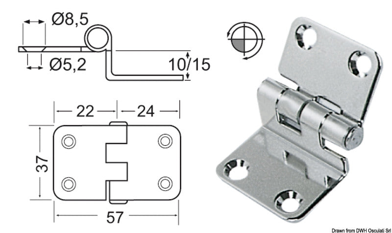 Cerniera inox a sbalzo 57x37x10 mm